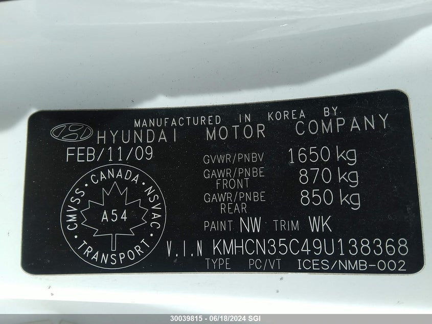 2009 Hyundai Accent Se VIN: KMHCN35C49U138368 Lot: 30039815