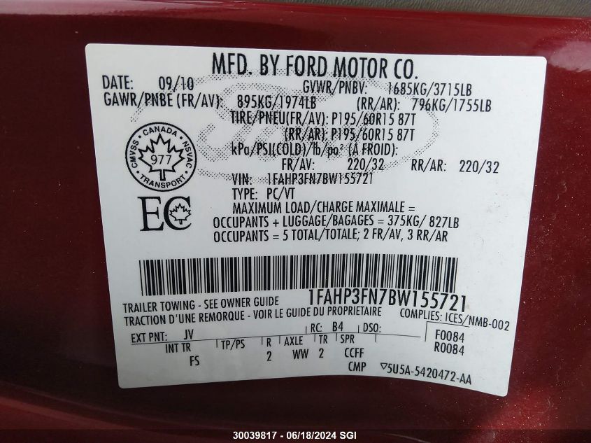 2011 Ford Focus Se VIN: 1FAHP3FN7BW155721 Lot: 30039817