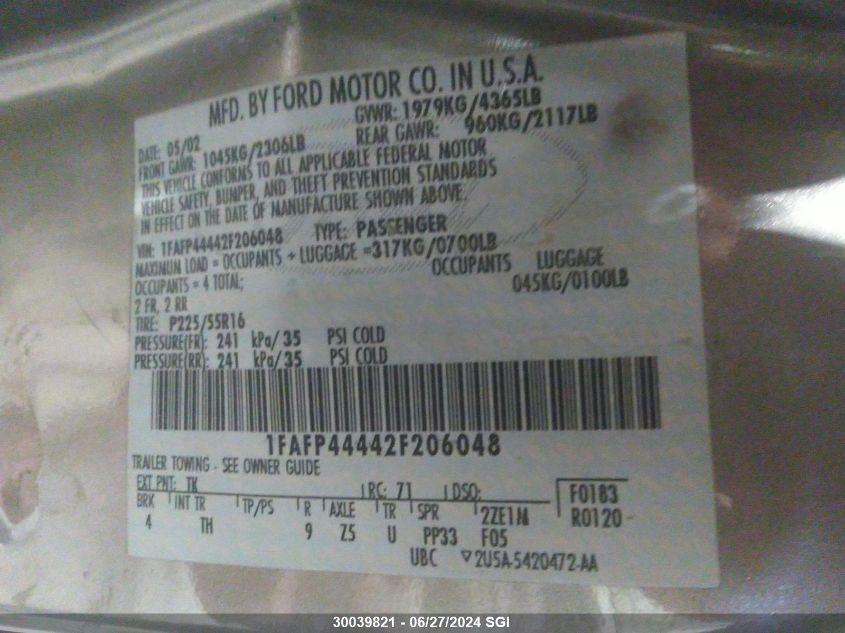 2002 Ford Mustang VIN: 1FAFP44442F206048 Lot: 30039821
