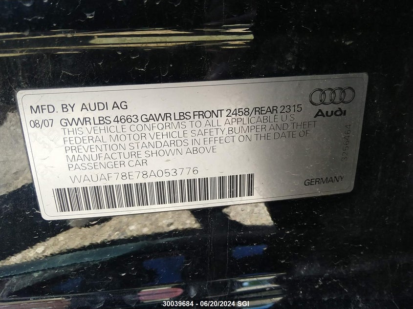 2008 Audi A4 2.0T VIN: WAUAF78E78A053776 Lot: 30039684