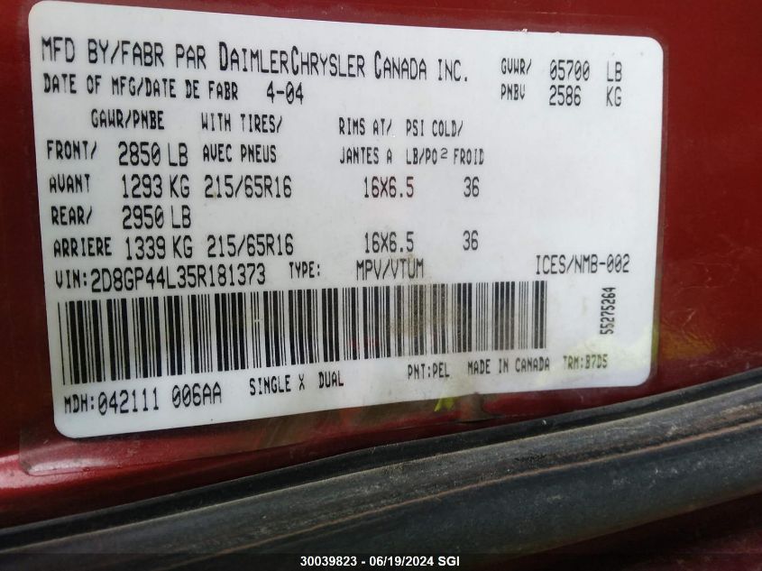 2005 Dodge Grand Caravan Sxt VIN: 2D8GP44L35R181373 Lot: 30039823