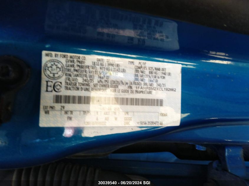 2012 Ford Focus Sel VIN: 1FAHP3M2XCL192662 Lot: 30039540