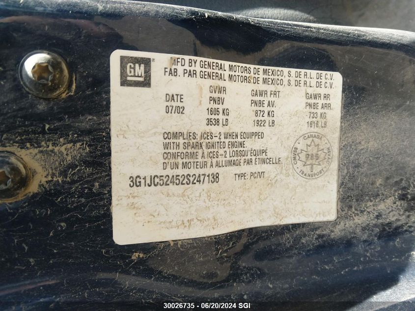 2002 Chevrolet Cavalier Cng VIN: 3G1JC52452S247138 Lot: 30026735