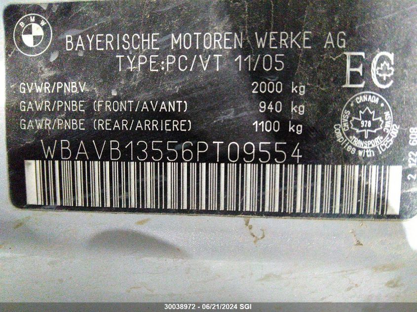 2006 BMW 325 I VIN: WBAVB13556PT09554 Lot: 30038972
