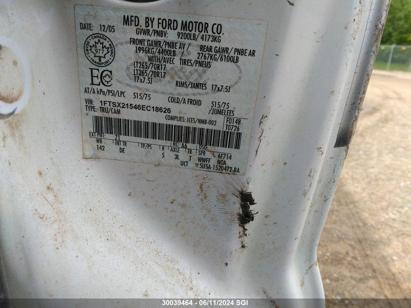 2006 Ford F250 Super Duty VIN: 1FTSX21546EC18626 Lot: 30039464