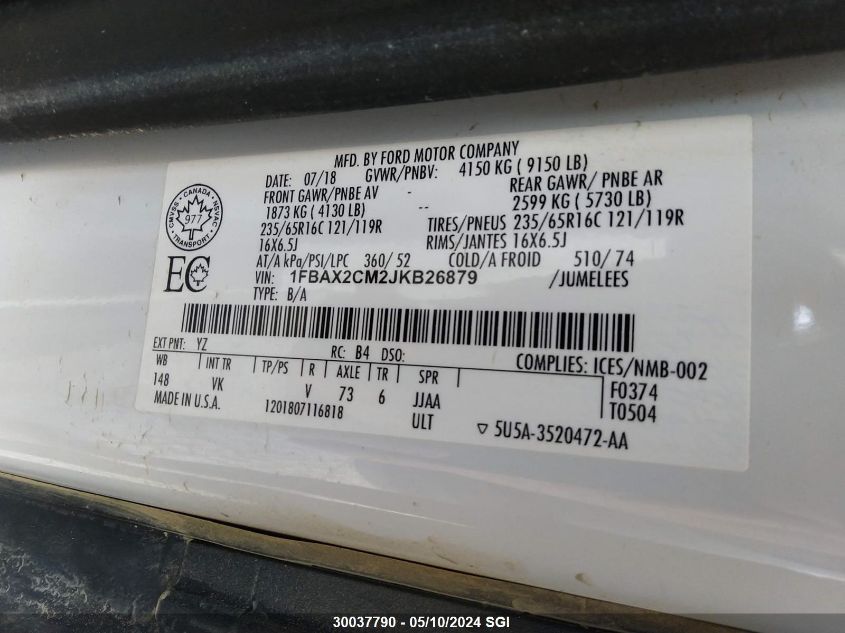 2018 Ford Transit T-350 VIN: 1FBAX2CM2JKB26879 Lot: 30037790