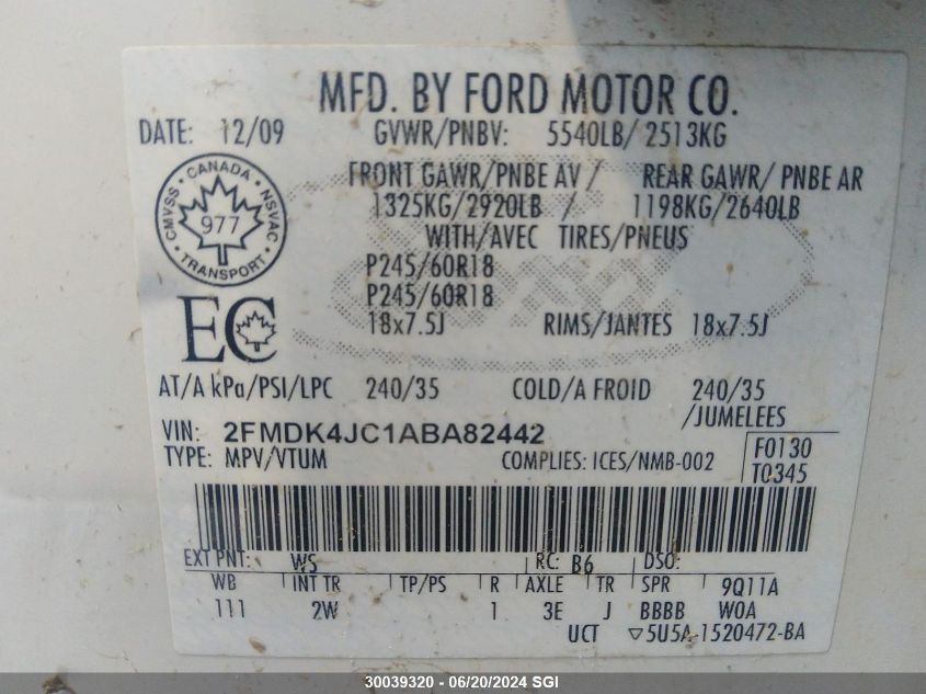 2010 Ford Edge Sel VIN: 2FMDK4JC1ABA82442 Lot: 30039320