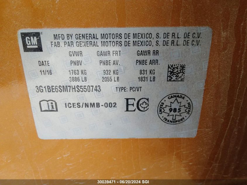 2017 Chevrolet Cruze Lt VIN: 3G1BE6SM7HS550743 Lot: 30039471