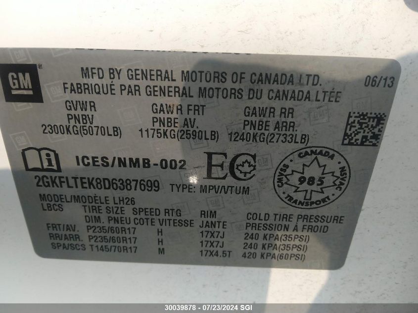 2013 GMC Terrain Sle VIN: 2GKFLTEK8D6387699 Lot: 30039878