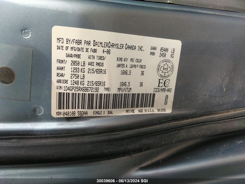 2006 Dodge Caravan Se VIN: 1D4GP25RX6B672192 Lot: 30039606