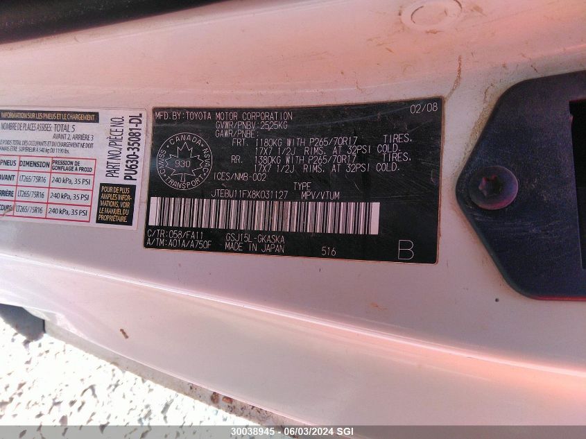 2008 Toyota Fj Cruiser VIN: JTEBU11FX8K031127 Lot: 30038945