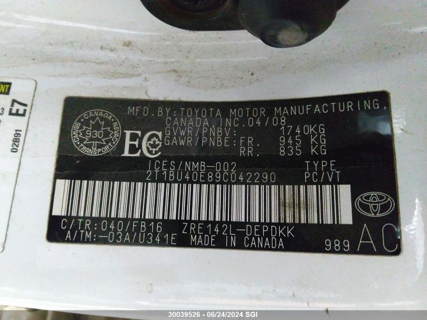 2009 Toyota Corolla S/Le/Xle VIN: 2T1BU40E89C042290 Lot: 30039526