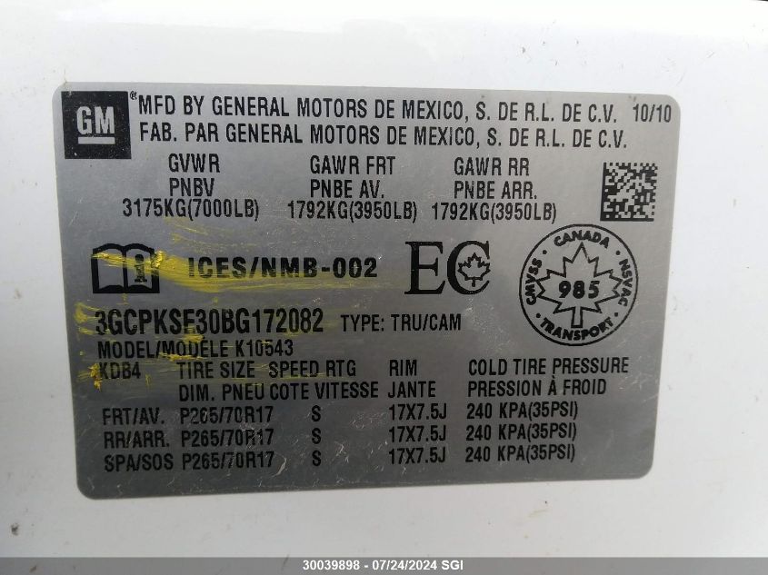 2011 Chevrolet Silverado K1500 Lt VIN: 3GCPKSE30BG172082 Lot: 30039898