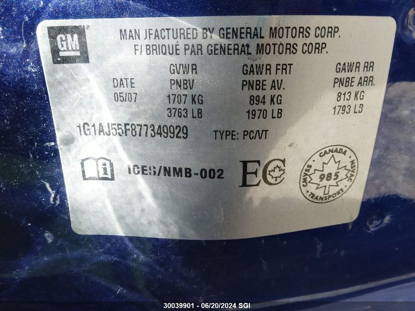 2007 Chevrolet Cobalt Ls VIN: 1G1AJ55F877349929 Lot: 30039901