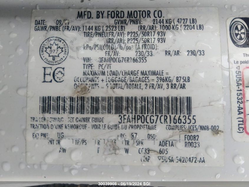 2012 Ford Fusion Sel VIN: 3FAHP0CG7CR166355 Lot: 30039908