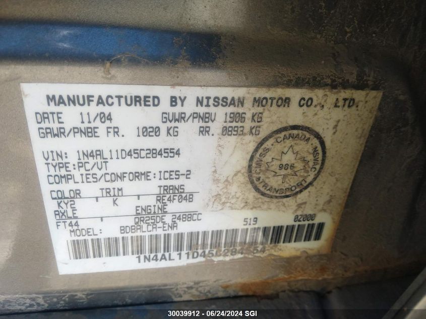 2005 Nissan Altima S/Sl VIN: 1N4AL11D45C284554 Lot: 30039912