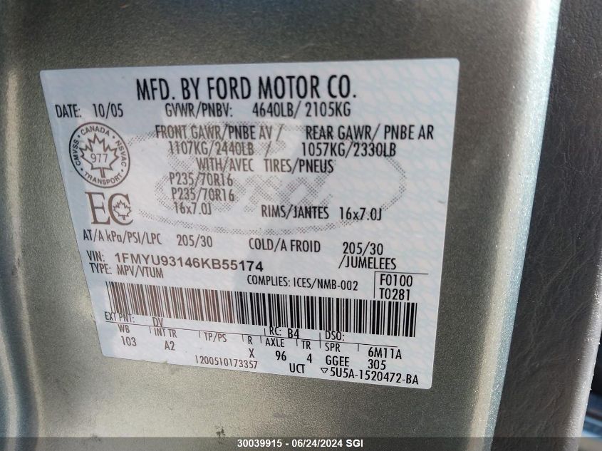 2006 Ford Escape Xlt VIN: 1FMYU93146KB55174 Lot: 30039915