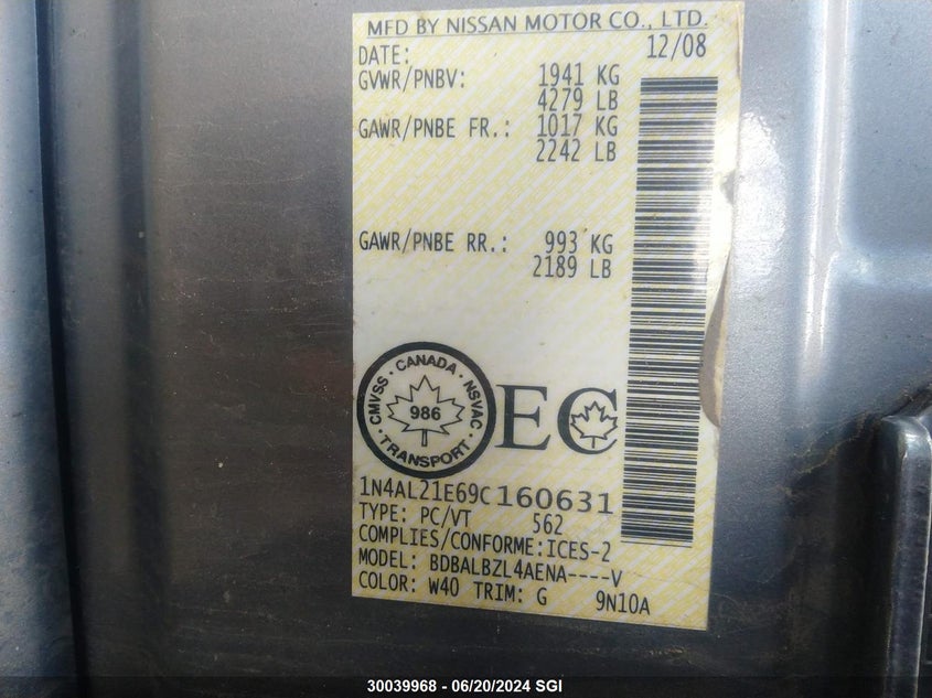 2009 Nissan Altima 2.5/2.5S VIN: 1N4AL21E69C160631 Lot: 30039968