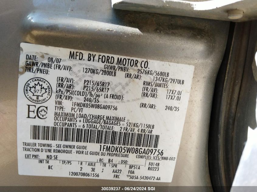 2008 Ford Taurus X Sel VIN: 1FMDK05W08GA09756 Lot: 30039237