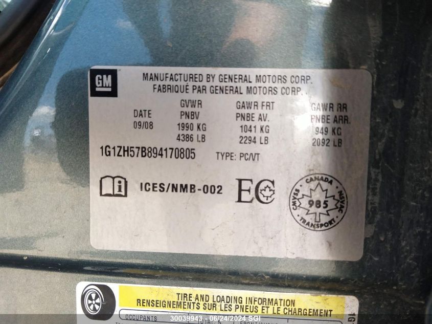 2009 Chevrolet Malibu 1Lt VIN: 1G1ZH57B894170805 Lot: 30039943