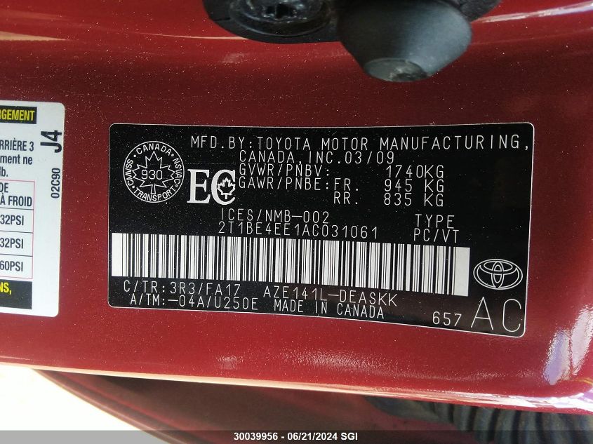 2010 Toyota Corolla Xrs VIN: 2T1BE4EE1AC031061 Lot: 30039956