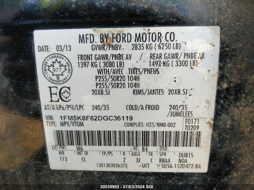 2013 Ford Explorer Limited VIN: 1FM5K8F82DGC36119 Lot: 30039993