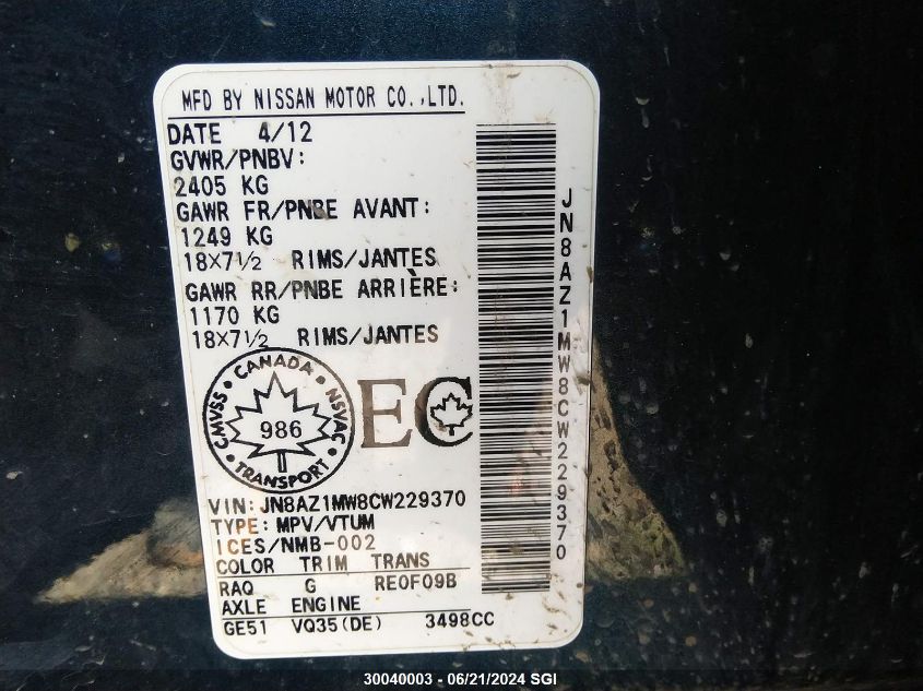 2012 Nissan Murano S/Sl/Le VIN: JN8AZ1MW8CW229370 Lot: 30040003
