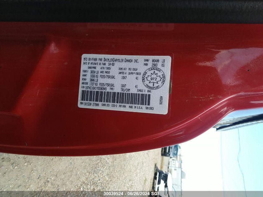 2000 Dodge Ram 1500 VIN: 1B7HC16X1YS596949 Lot: 30039524