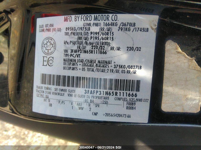 2005 Ford Focus Zx3 VIN: 3FAFP31N65R111666 Lot: 30040047