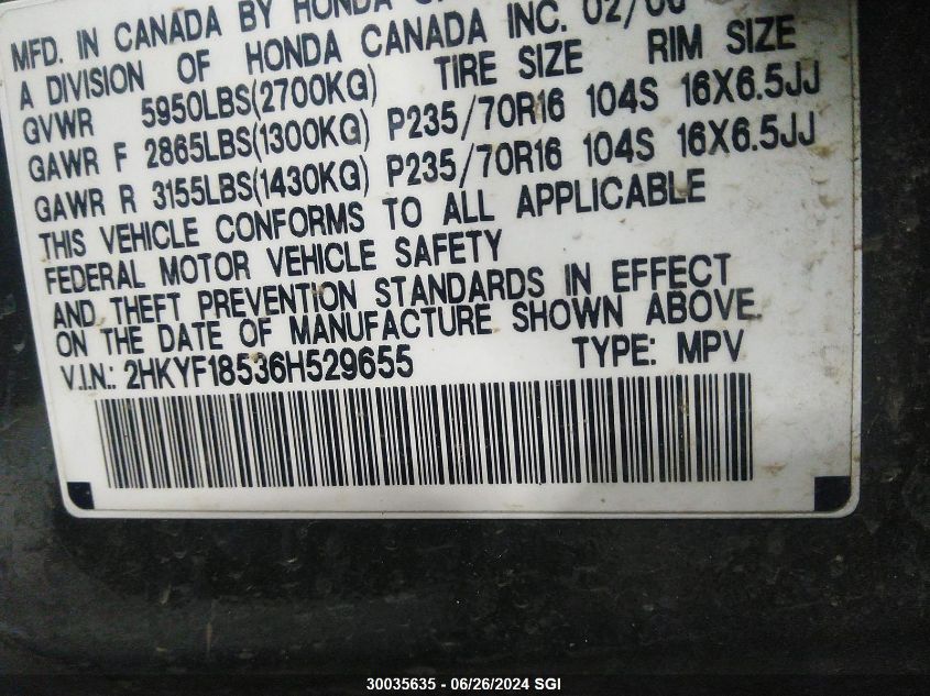 2006 Honda Pilot Ex VIN: 2HKYF18536H529655 Lot: 30035635