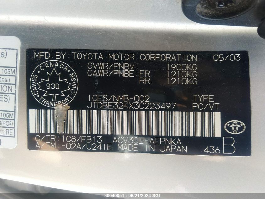 2003 Toyota Camry Le/Xle VIN: JTDBE32KX30223497 Lot: 30040051