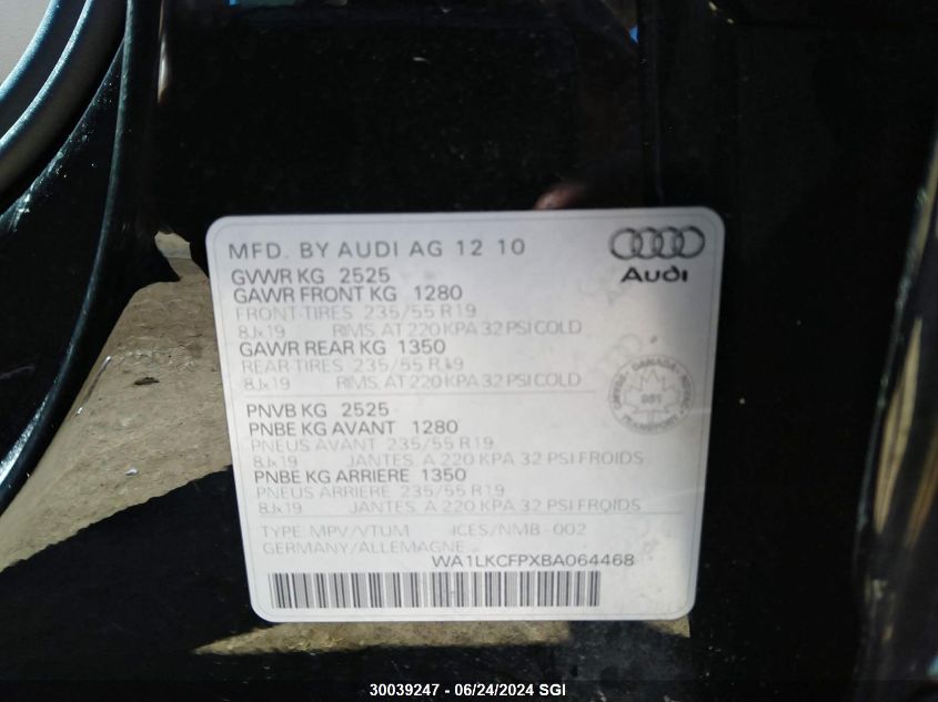 2011 Audi Q5 Premium Plus VIN: WA1LKCFPXBA064468 Lot: 30039247