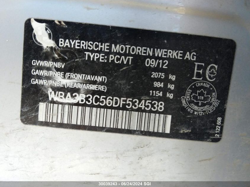 2013 BMW 3 Series VIN: WBA3B3C56DF534538 Lot: 30039243