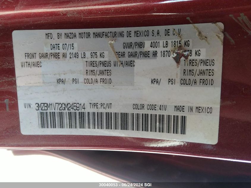 2016 Mazda 3 Touring VIN: 3MZBM1V72GM245914 Lot: 30040053