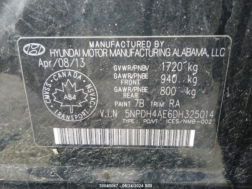 2013 Hyundai Elantra Gls/Limited VIN: 5NPDH4AE6DH325014 Lot: 30040067