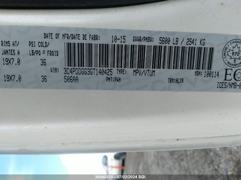 2016 Dodge Journey Crossroad VIN: 3C4PDDGG3GT140425 Lot: 30040070