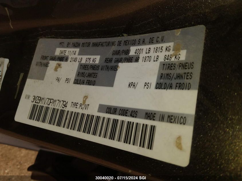 2015 Mazda 3 Touring VIN: 3MZBM1V70FM171794 Lot: 30040020