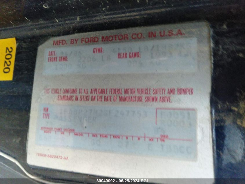 1986 Ford Mustang Lx/Gt VIN: 1FABP27M2GF247753 Lot: 30040092