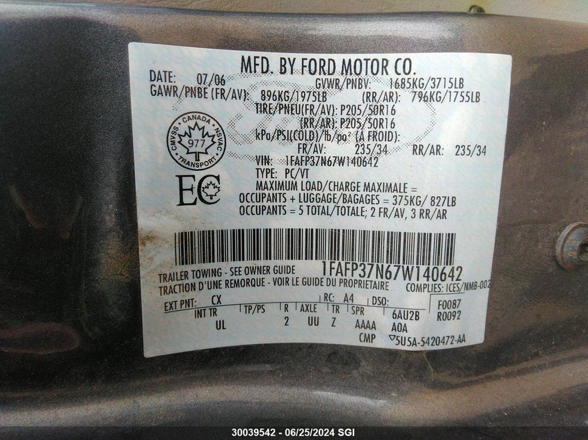 2007 Ford Focus Zx5/S/Se/Ses VIN: 1FAFP37N67W140642 Lot: 30039542