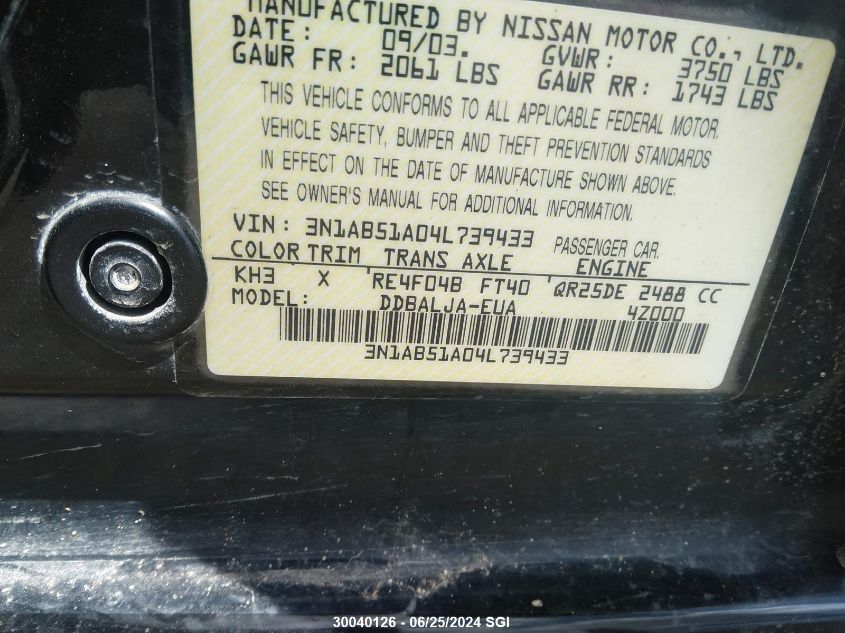 2004 Nissan Sentra 2.5S VIN: 3N1AB51A04L739433 Lot: 30040126
