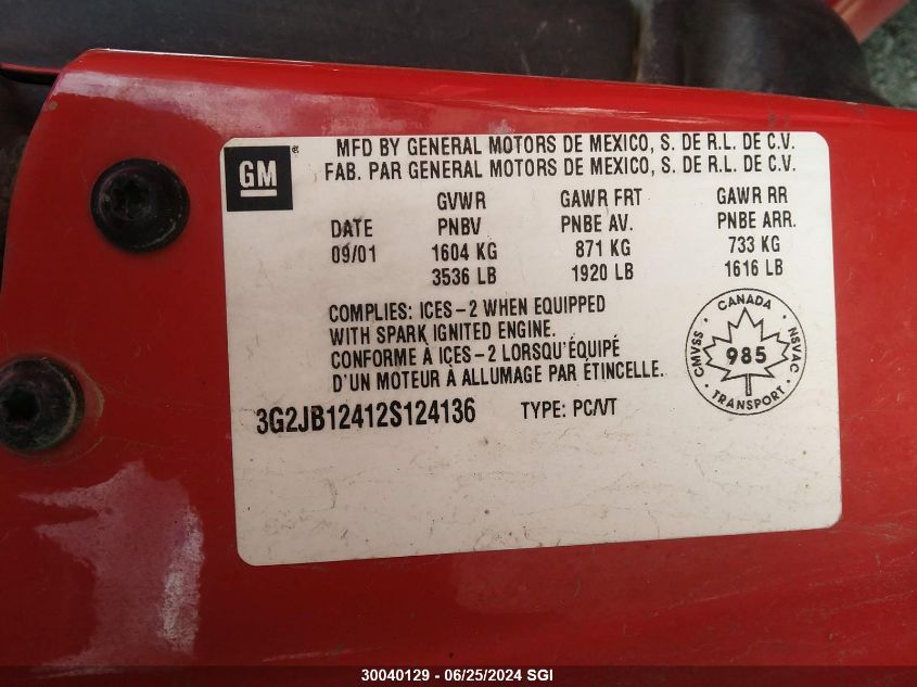 2002 Pontiac Sunfire Se VIN: 3G2JB12412S124136 Lot: 30040129