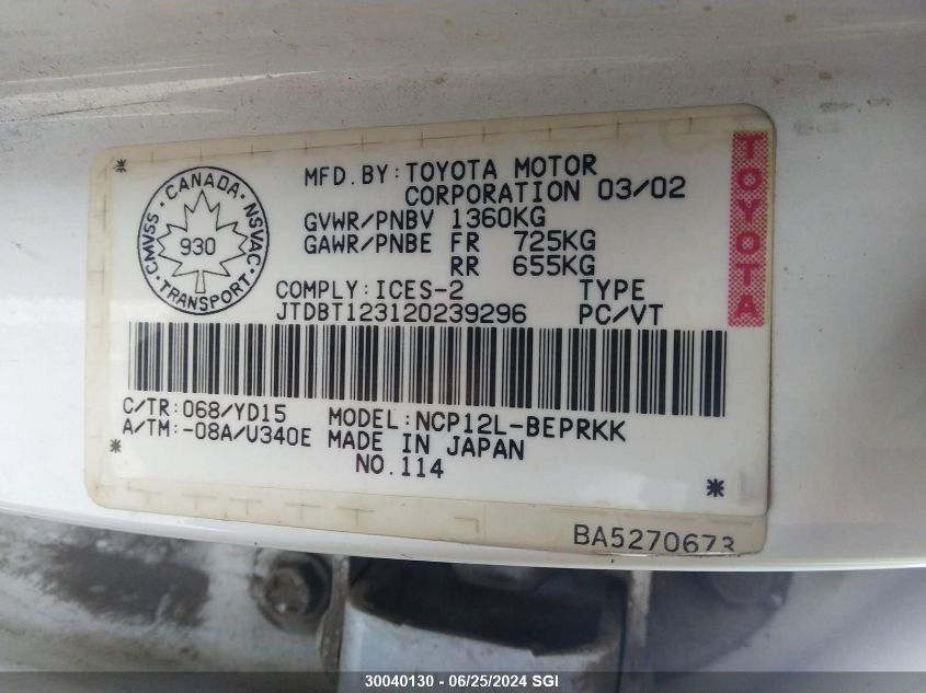 2002 Toyota Echo VIN: JTDBT123120239296 Lot: 30040130