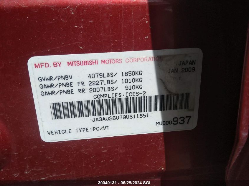 2009 Mitsubishi Lancer Es/Es Sport VIN: JA3AU26U79U611551 Lot: 30040131