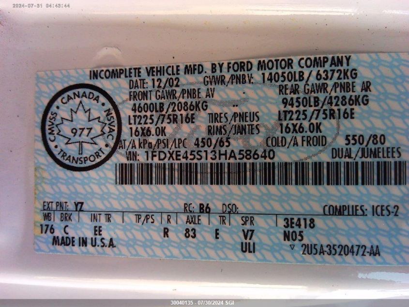 2003 Ford Econoline E450 Super Duty Cutwy Van VIN: 1FDXE45S13HA58640 Lot: 30040135