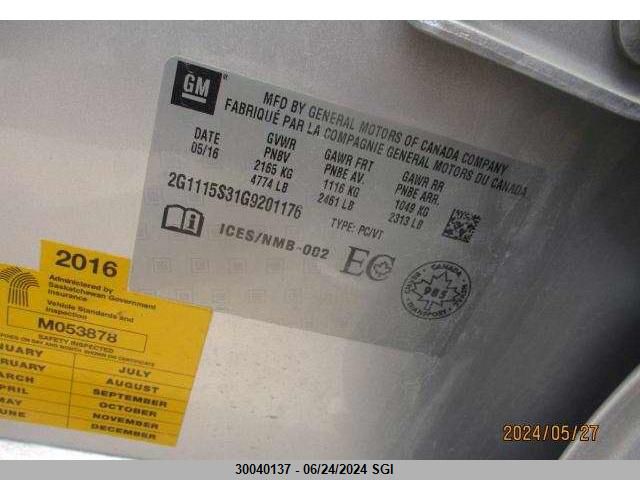 2016 Chevrolet Impala Lt VIN: 2G1115S31G9201176 Lot: 30040137