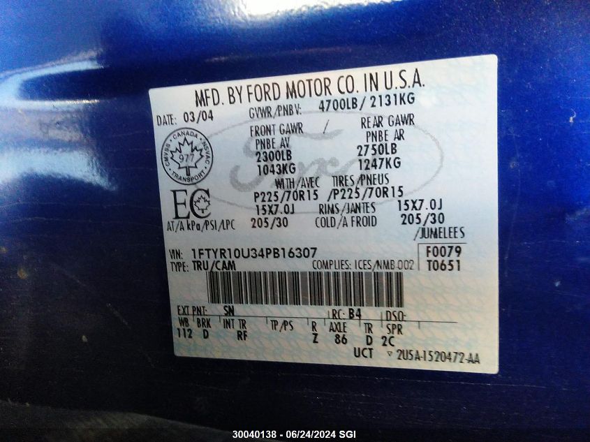 2004 Ford Ranger VIN: 1FTYR10U34PB16307 Lot: 30040138