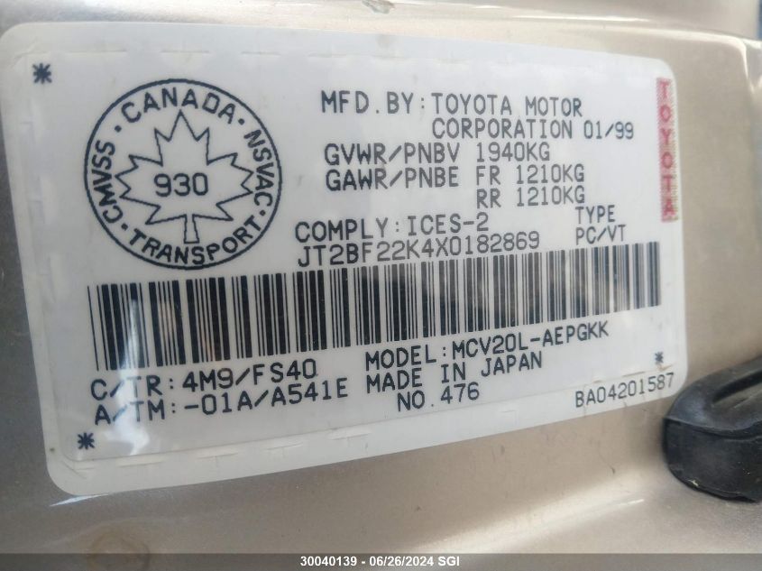 1999 Toyota Camry Le/Xle VIN: JT2BF22K4X0182869 Lot: 30040139