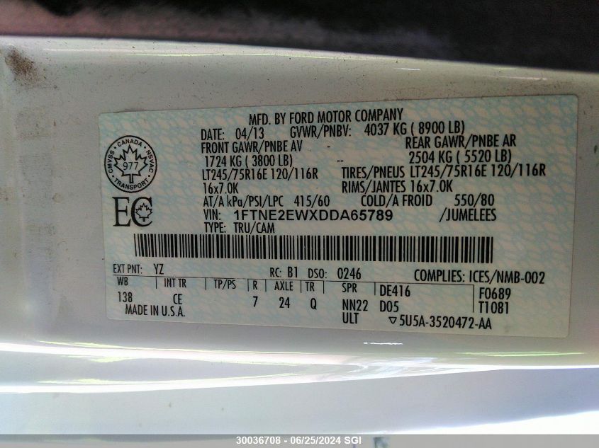 2013 Ford Econoline E250 Van VIN: 1FTNE2EWXDDA65789 Lot: 30036708