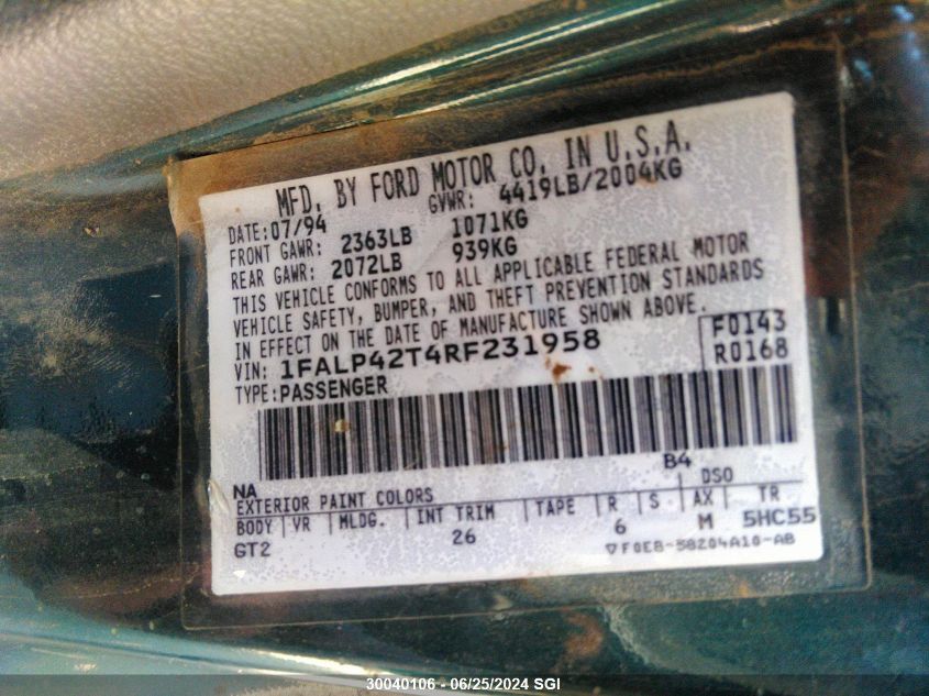 1994 Ford Mustang Gt VIN: 1FALP42T4RF231958 Lot: 30040106