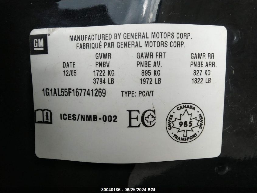 2006 Chevrolet Cobalt Lt VIN: 1G1AL55F167741269 Lot: 30040186